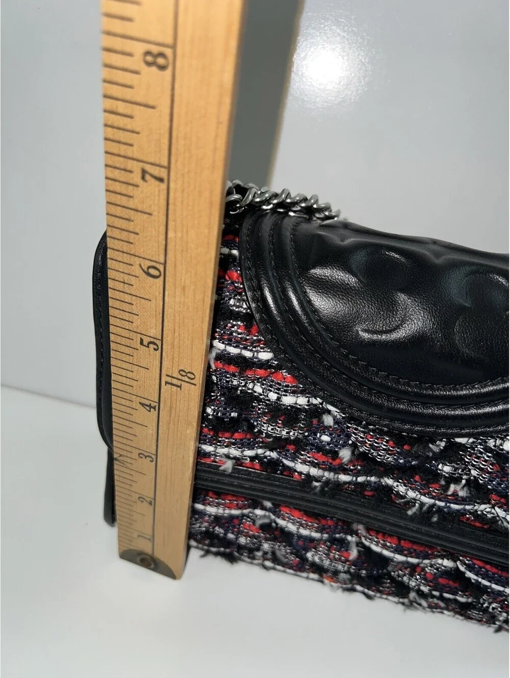 TORY BURCH Leather Logo Tweed Chain Crossbody Bag Women Black Tassel Charm